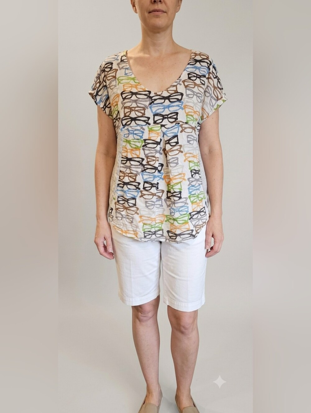 Anthropologue Porridge Elva Tee Wity Colorful Eyeglass Print Sz M NWT